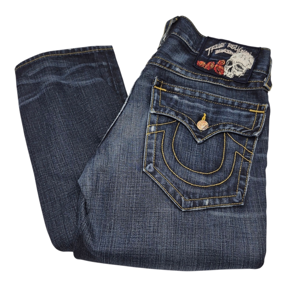 TRUE RELIGION Premium Vintage Skull & Roses Straight Jeans Women's  33